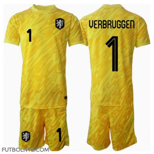 Camiseta Países Bajos Bart Verbruggen #1 Portero Visitante Equipación para niños Eurocopa 2024 manga corta (+ pantalones cortos)